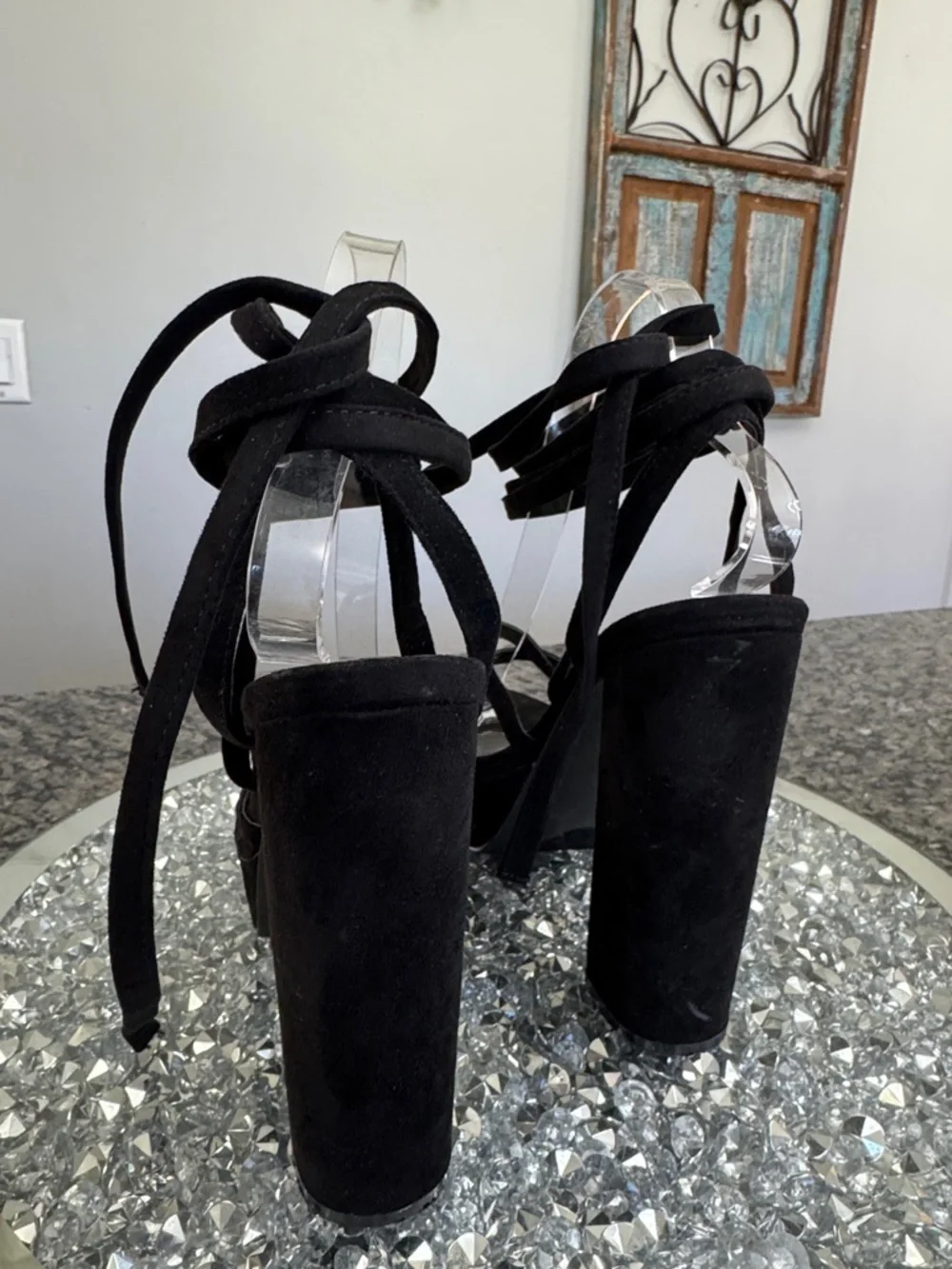 Fashion Nova Black Strappy Lace around ankle Platform Heels